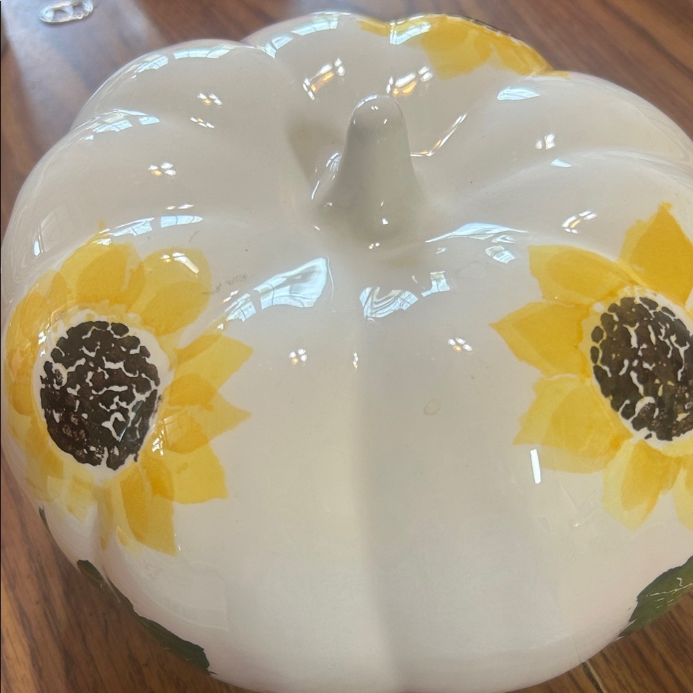 Ceramic White Pumpkin Trinket with Yellow Sunflower Accents